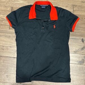 Ralph Lauren Black Polo collared tee shirt with Red/Orange Accents, ladies